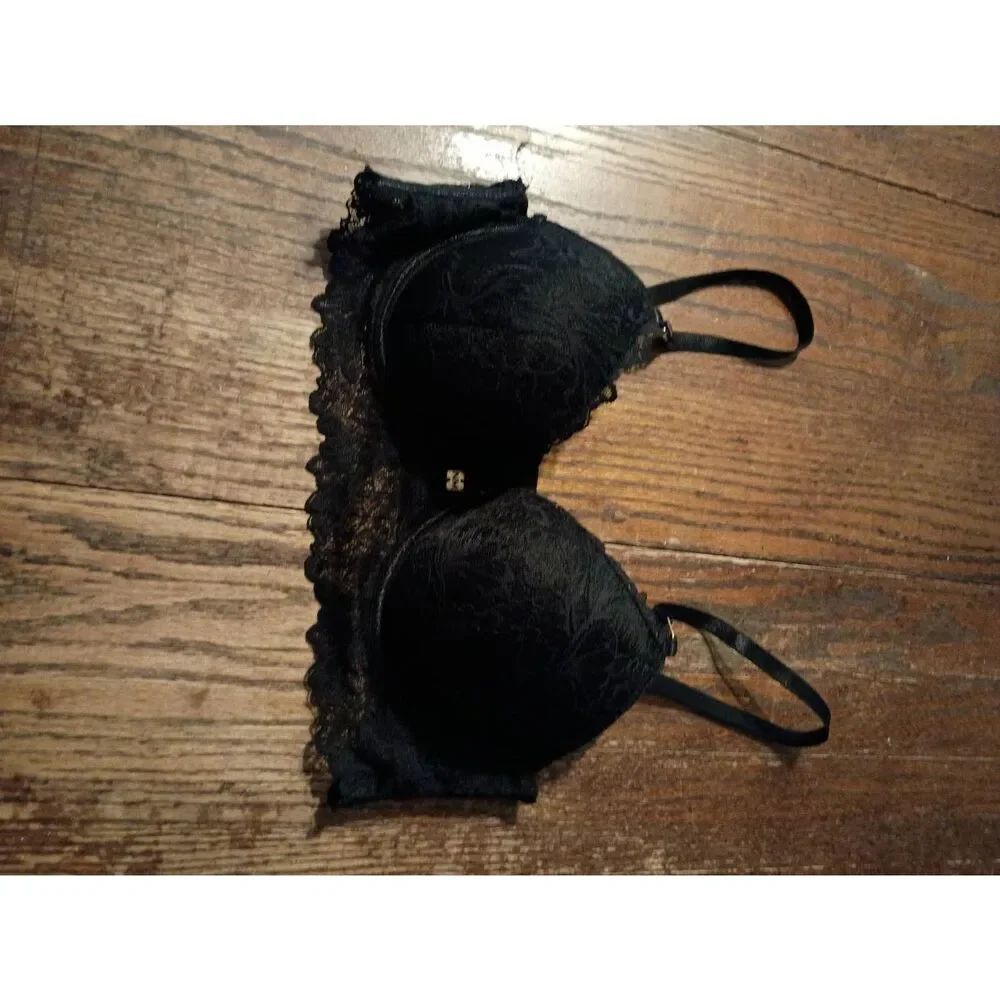 34C Nicole Miller New York Black Lace Push Up Bra Adjustable Strap Padded